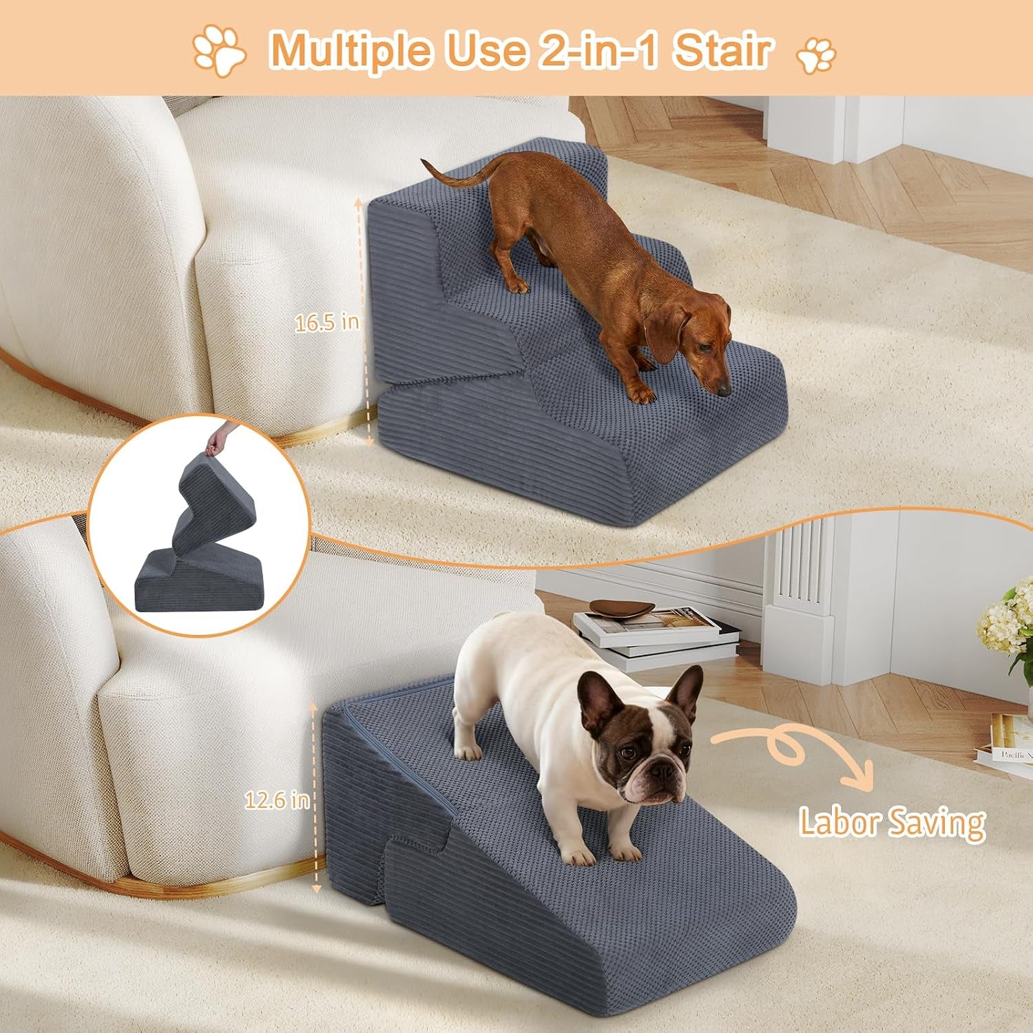 Foldable Dog Ramp for Bed & Couch - Adjustable Height, Non-Slip