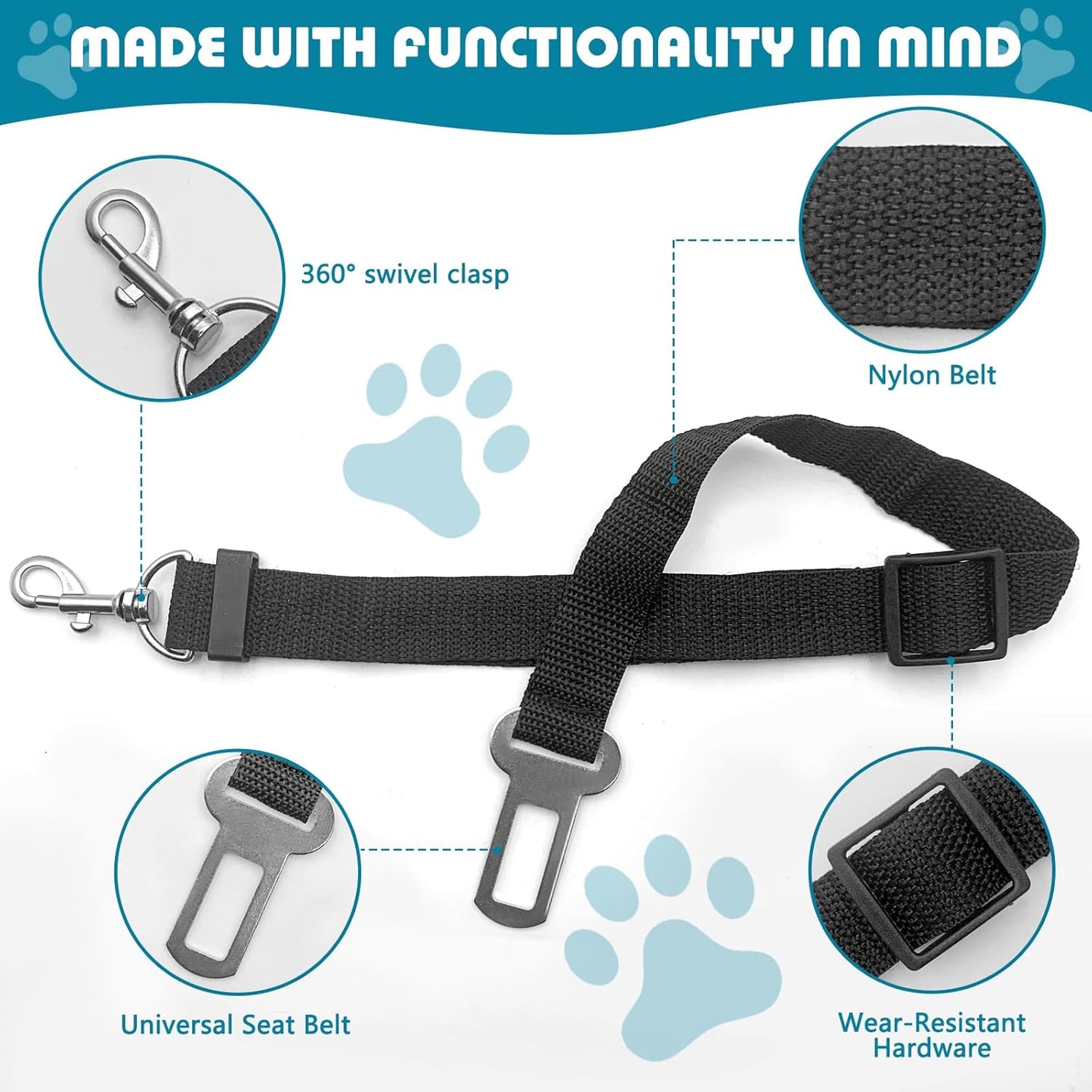 Dog Car Seat Belt - 2 Pack Adjustable Safety Restraint